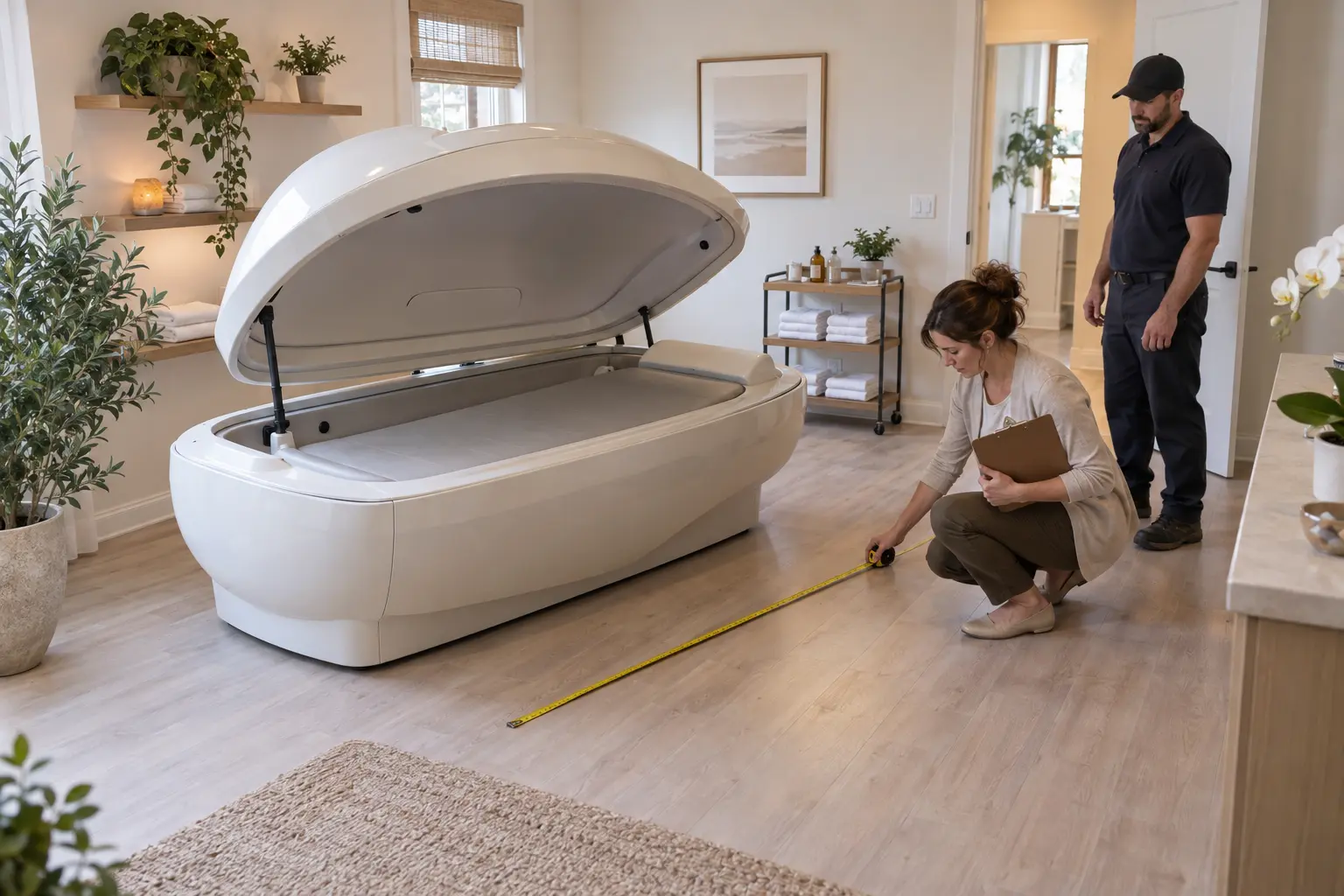 Spa owner measuring the walkway beside an open full-body wellness bed while planning its installation