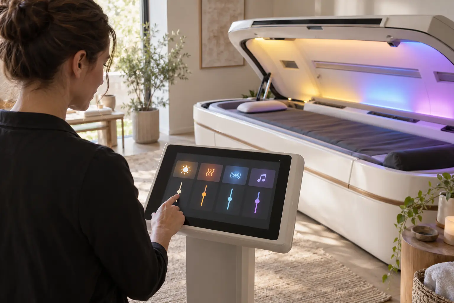 Wellness bed operator selecting separate light, warmth, vibration, and sound controls on a touch display