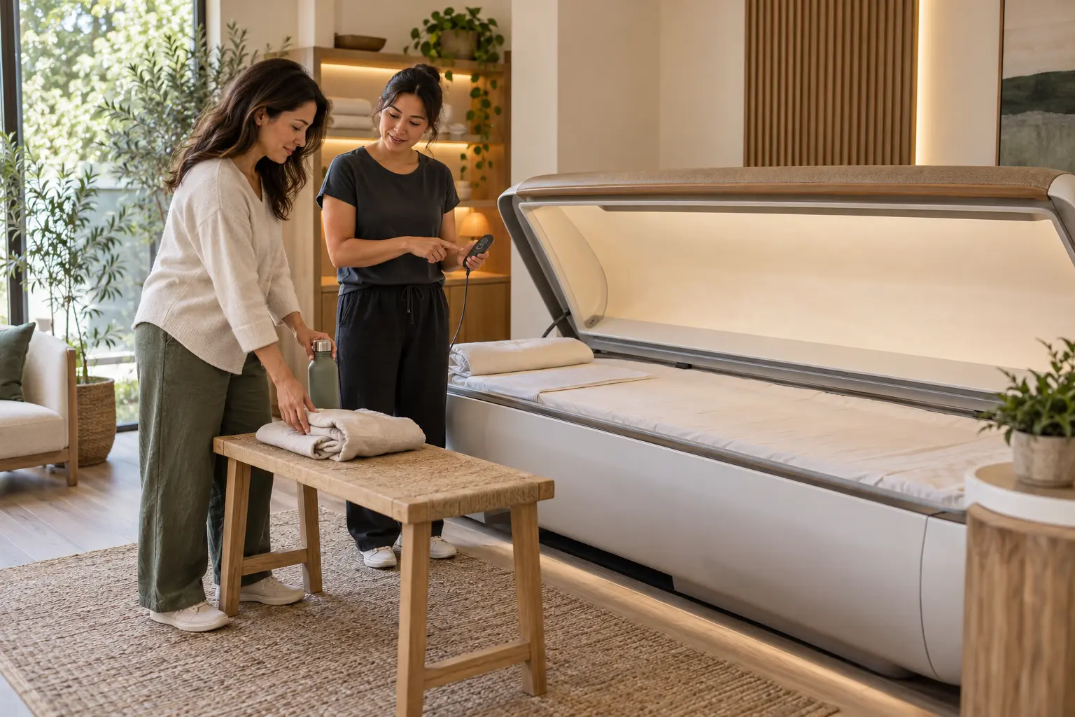 Guest preparing water and comfortable clothing beside an open lay-down wellness bed while an attendant explains the stop control