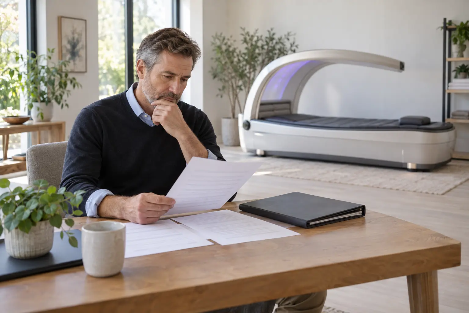Quality reviewer examining unbranded research documents with an empty full-body wellness bed in the background