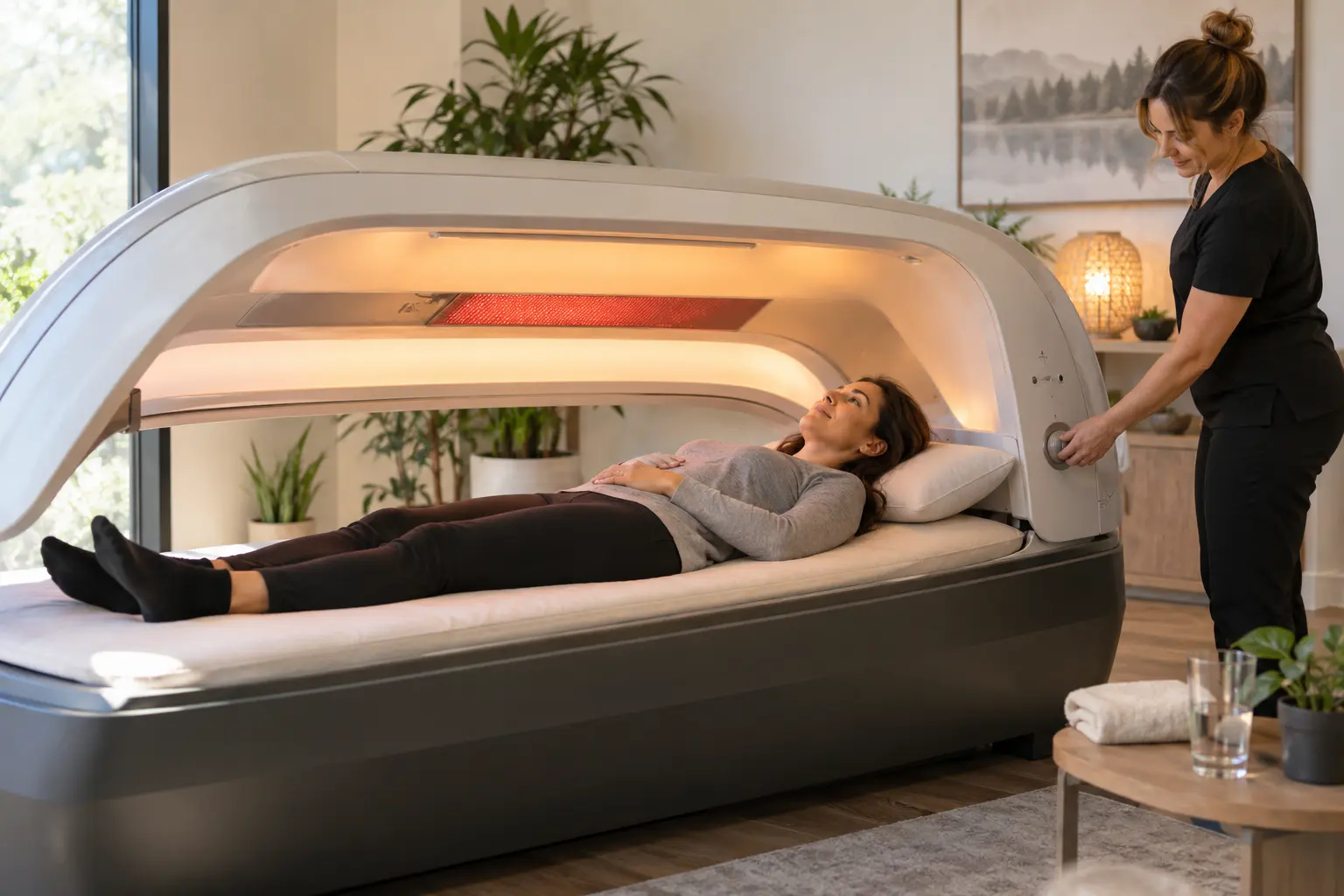 Wellness professional adjusting the controls beside an adult lying in a full-body Quantum Energy Bed