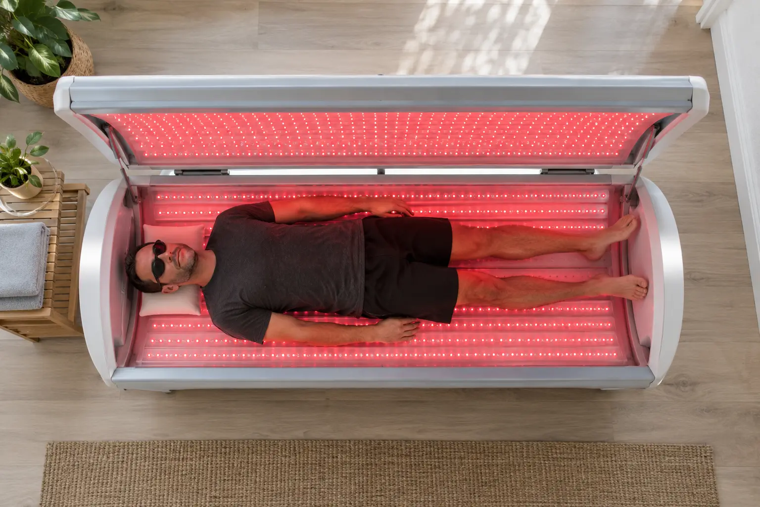 Man wearing protective goggles while lying in a full-body red light wellness bed
