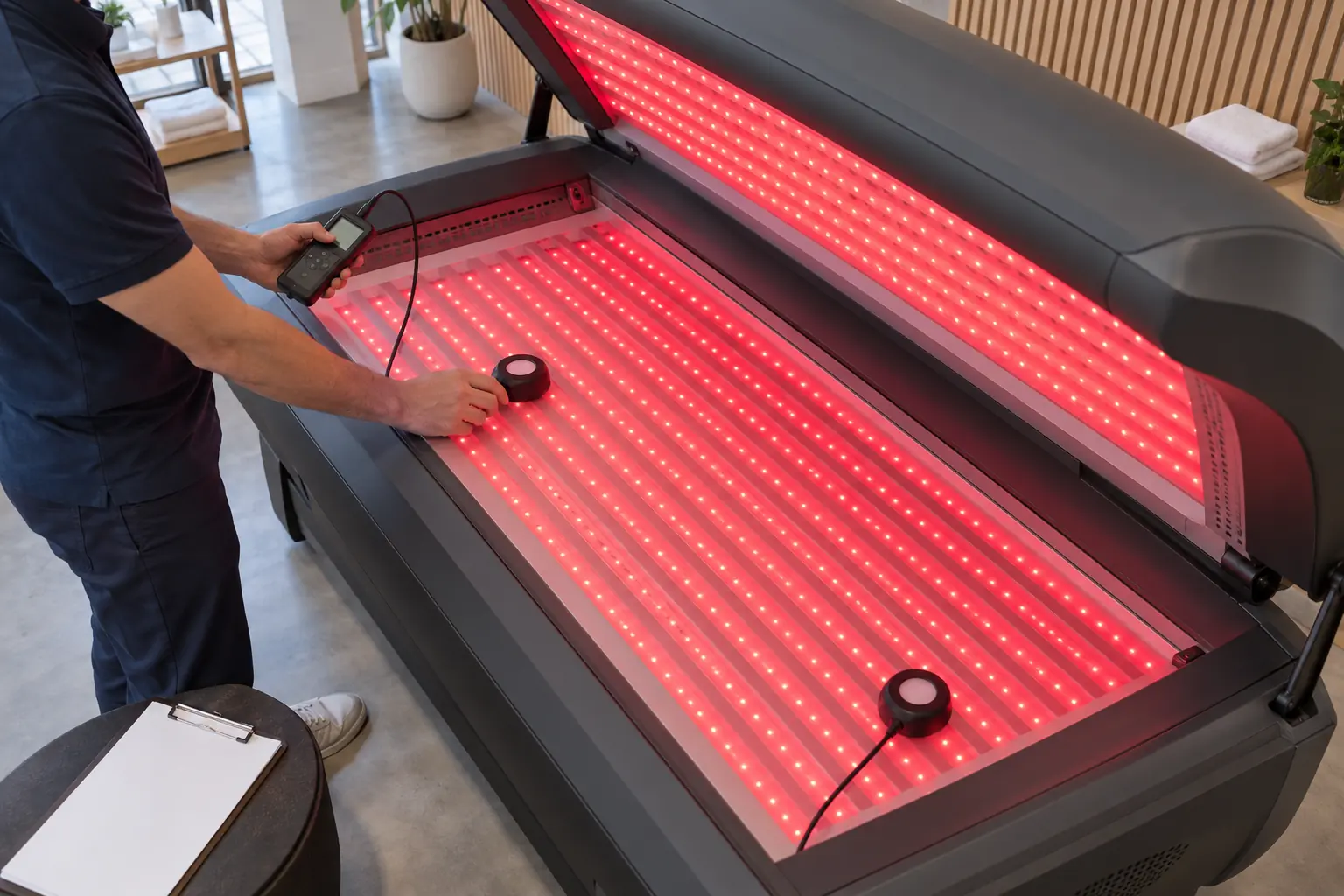 Optical light meter measuring the LED surface of an open full-body red light wellness bed