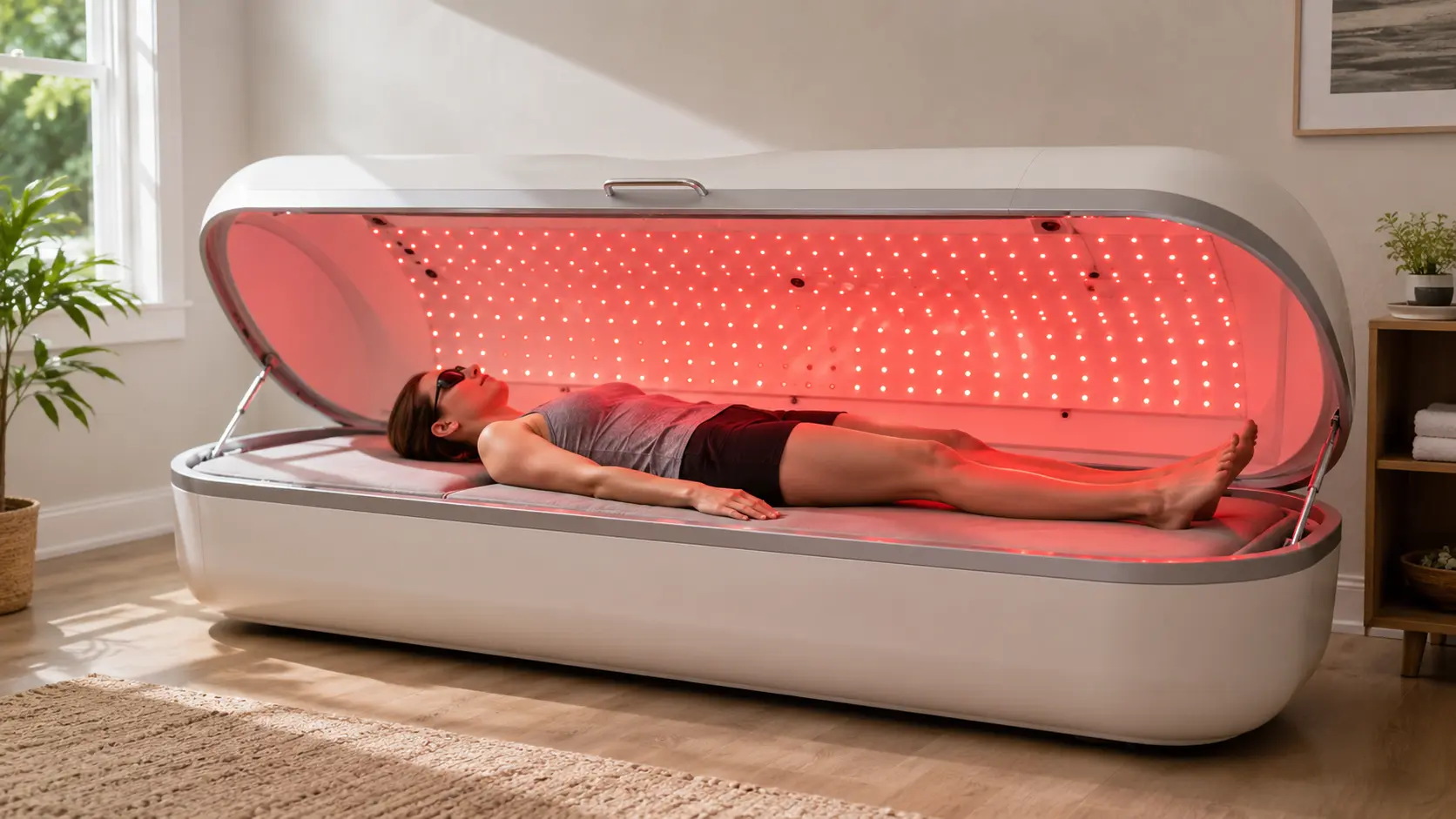 Woman wearing athletic clothing and protective goggles in a full-body red light therapy bed