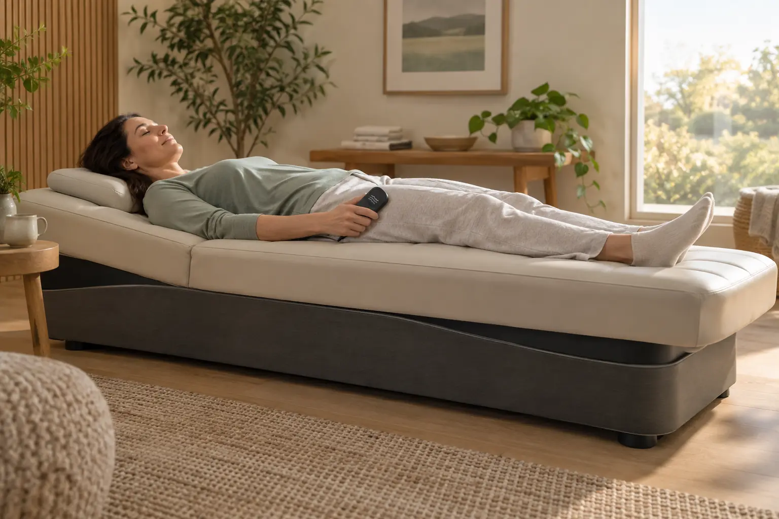 Adult lying on a horizontal padded wellness bed while holding a simple vibration control in a warm, quiet room